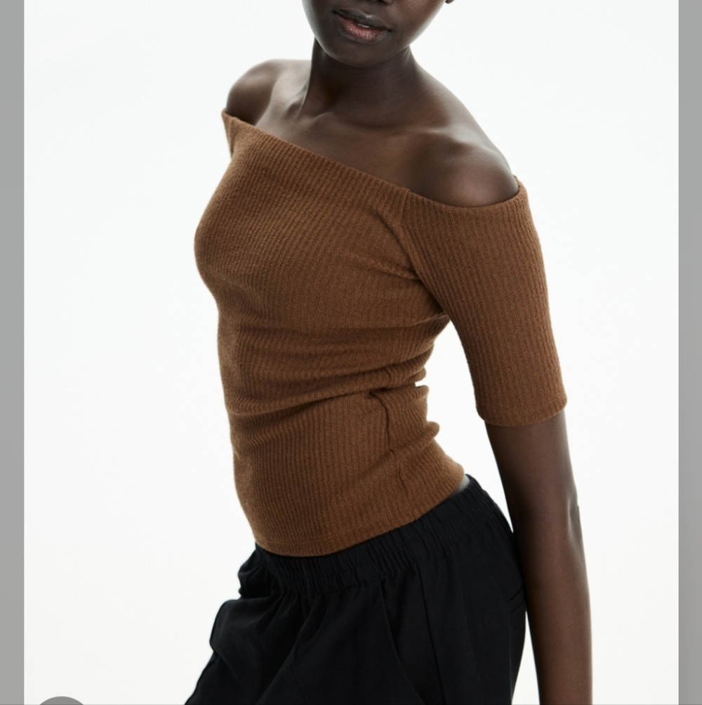 H&M Short Sleeve rib knit off the shoulder Brown top